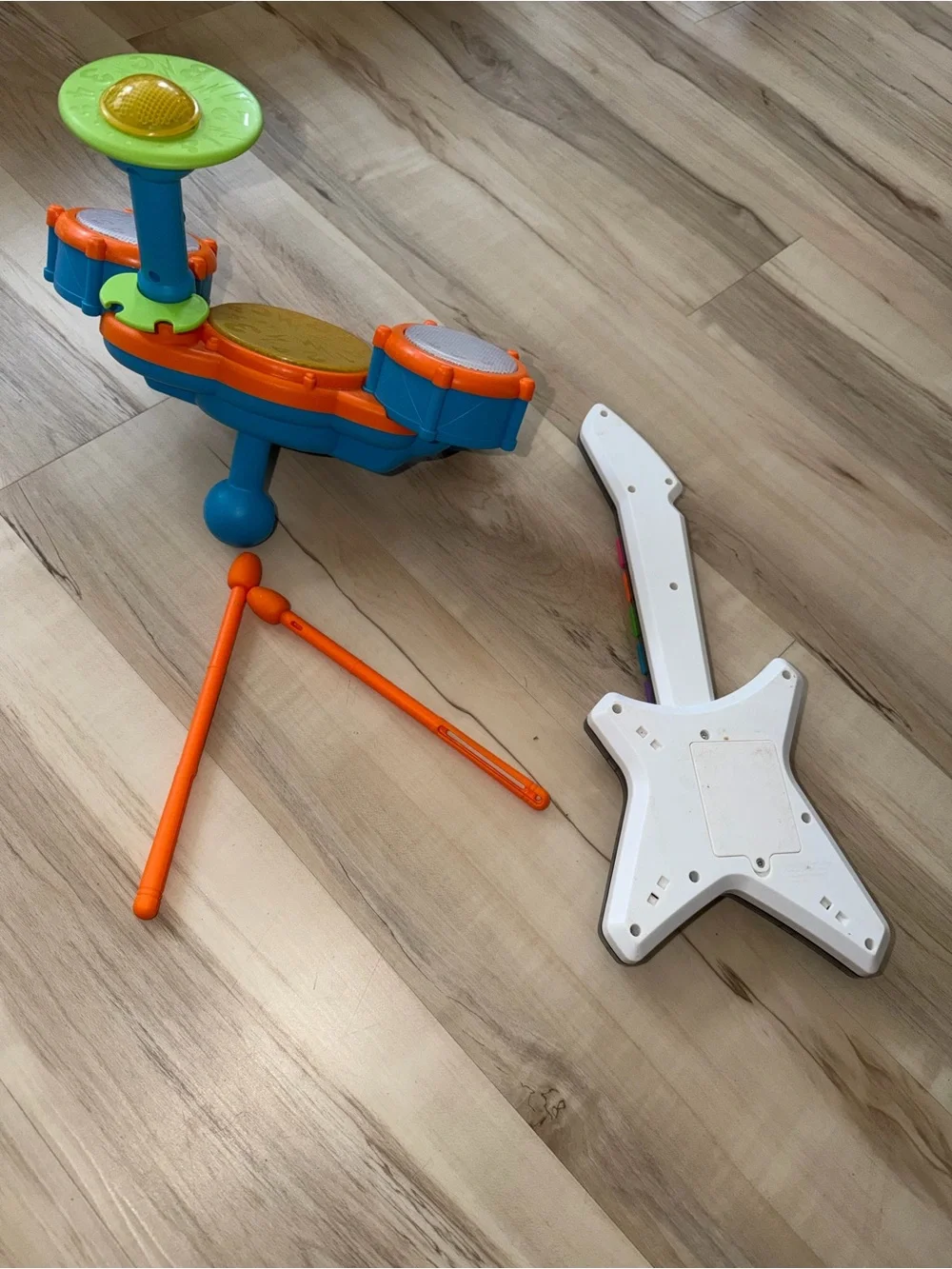 Kids Orange Electronic Drum Set and Toy Guitar - Unbranded
